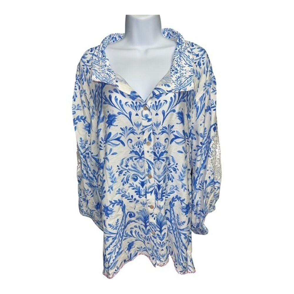 John Mark 3X Top BOHO Blue Wildflower Rayon Floral Lace Button Up 3/4 Sleeves